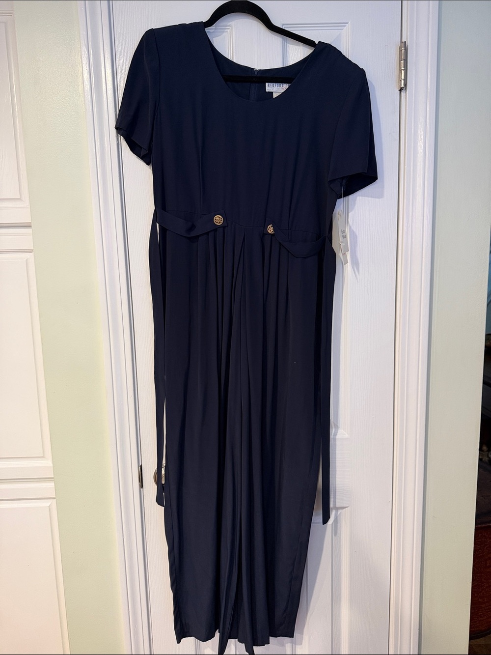 Navy Short-Sleeve Midi Dress with Button Detail - Unknown Brand
